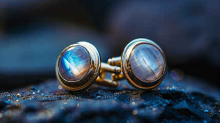 Close-up of opulent cufflinks with a reflective stone set on a dark, textured backdrop, highlighting the luxury and style