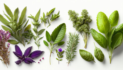 Variety of medicinal plants, each with their unique healing properties, beautifully isolated against a  white background, symbolizing nature’s pharmacy