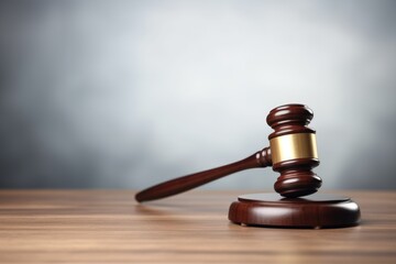 Wooden gavel with golden detail on a wooden desk, justice concept, blurred grey backdrop.