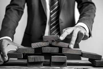 A man in a suit is pointing at a stack of wooden blocks