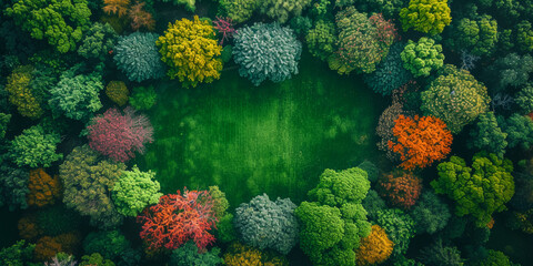 A large green circle of trees with a green grassy area in the center. The trees are of different colors, including green, yellow, and red. Concept of harmony and balance, as the circle of trees