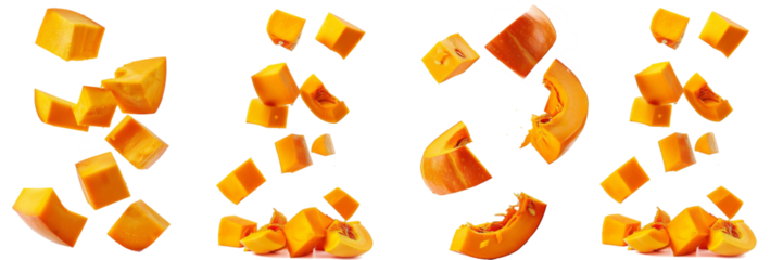 Set of Falling piece of pumpkin, cubes, isolated on white background, clipping path, full depth of field 