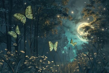 surreal scene of giant green butterflies in a moonlit forest clearing