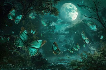 Fototapeta na wymiar surreal scene of giant green butterflies in a moonlit forest clearing