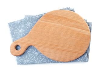 Wooden cutting board and napkin isolated on white, top view