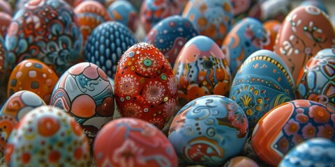 Fototapeta na wymiar Vibrant patterned eggs showcasing a spectrum of designs and hues