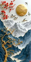 Papier Peint photo Lavable Montagnes A painting of a mountain range with a tree and birds flying in the sky. The painting has a serene and peaceful mood, with the birds and the tree representing nature and the beauty of the outdoors