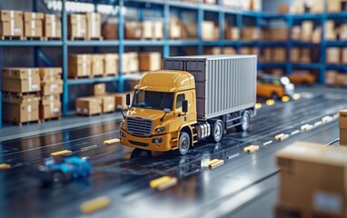 A toy truck travels on warehouse road with asphalt and commercial vehicles