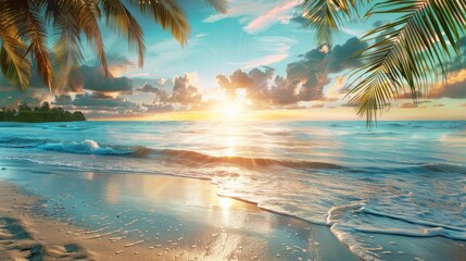 Marvellous sunrise beach: tranquil holiday destination with majestic seascape and serene skies - obrazy, fototapety, plakaty
