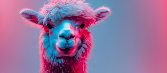 An alpaca sporting vibrant pink fur and sunglasses exudes a playful and quirky vibe against a dual-tone background.