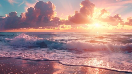 Marvellous sunrise beach: tranquil holiday destination with majestic seascape and serene skies - obrazy, fototapety, plakaty