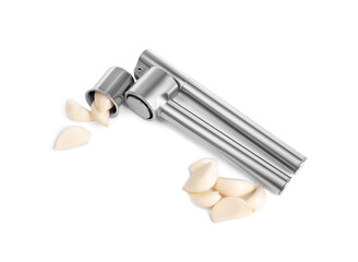 One metal garlic press and cloves isolated on white, above view