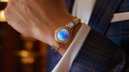 An elegant man's wrist adorned with a gold luxury watch and matching cufflinks, set against a patterned blue suit jacket - obrazy, fototapety, plakaty