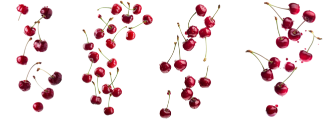  Set of Falling cherry, clipping path, isolated on white background, full depth of field
