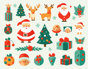 Obraz na płótnie Canvas Christmas, New Year holidays icon big set. Flat style collection. Isolated on white background. Christmas ornament. Santa hat, tree, gift, persent, house, cookies, reindeer. Outline, thin line
