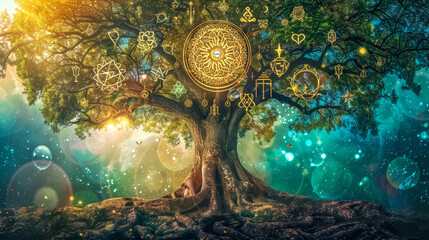 Enchanted forest with mystical tree and glowing symbols