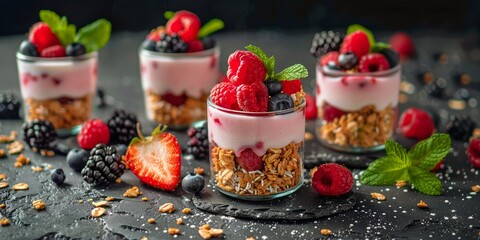 Fototapeta premium Delicious raspberry granola parfaits with fresh mint garnish