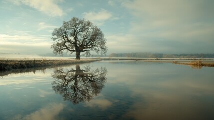 A single bare tree stands reflected in the calm waters of a misty river at dawn, conveying serenity and the beauty of nature.
