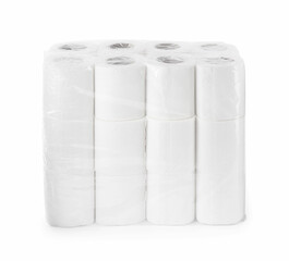 Package with many soft toilet paper rolls isolated on white