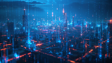 Fototapeta premium A vast digital cityscape cast in shades of dark blue with glowing interconnections and abstract tech lines weaving through