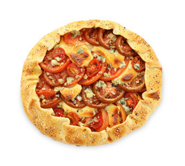 Tasty galette with tomato and cheese (Caprese galette) isolated on white, top view