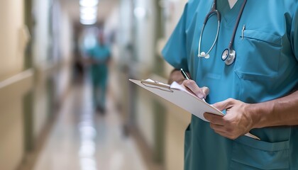 Focused Physician In Scrubs Writing On Clipboard In Hospital Hallway