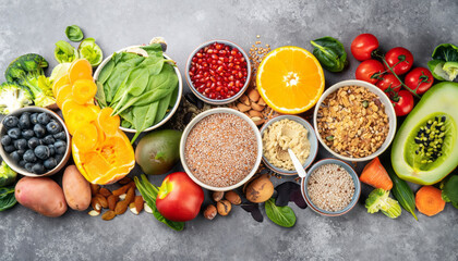 A variety of fresh, organic foods ideal for a healthy diet and weight loss, including nuts, fruits, berries, vegetables, and oats, on an isolated white background