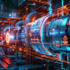 Close up on the core of a smart power plant with holographic interfaces displaying the seamless connectivity of its infrastructure