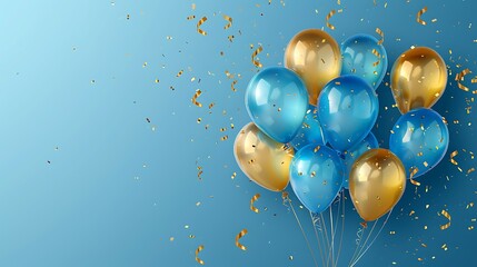 Blue and gold balloons with gold confetti against a blue background