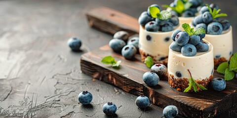 Fototapeta na wymiar Elegant yogurt parfaits topped with fresh blueberries and mint on dark wood