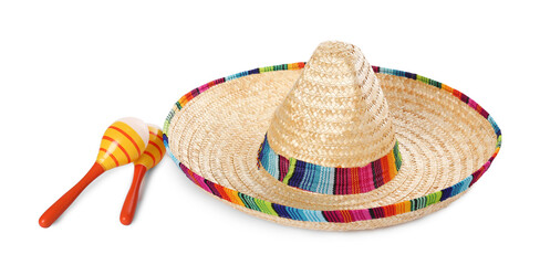 Mexican sombrero hat and maracas isolated on white