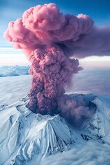 Aerial photo of an erupting volcano , covered with huge pink smoke from its peak, snow on the ground - obrazy, fototapety, plakaty