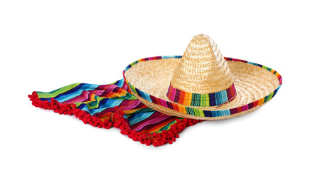 Mexican sombrero hat and colorful poncho isolated on white