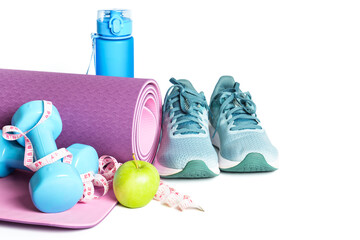 Yoga mat, sneakers, dumbbells and bottle of water isolated on white background. - obrazy, fototapety, plakaty