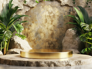Gold podium stage with stone and green Leaves background