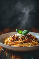 Pasta Bolognese, food photography, dark wood table background - obrazy, fototapety, plakaty