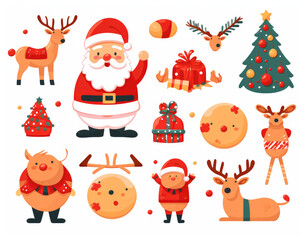 Christmas, New Year holidays icon big set. Flat style collection. Isolated on white background. Christmas ornament. Santa hat, tree, gift, persent, house, cookies, reindeer. Outline, thin line