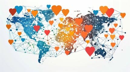 Global health unity, with hearts connecting all continents in a network of care