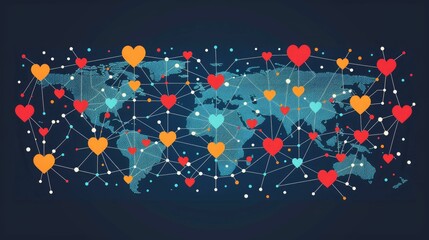 Global health unity, with hearts connecting all continents in a network of care - obrazy, fototapety, plakaty