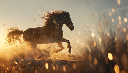 Majestic Wild Stallion Galloping Across the Open Range at Sunset, Symbol of Freedom and Power - obrazy, fototapety, plakaty