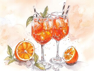 Two glasses of orange juice with a slice of orange in each glass - obrazy, fototapety, plakaty