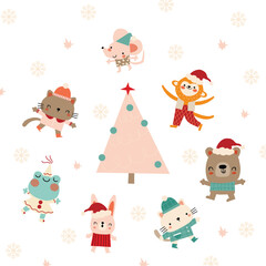 Cute animals circling around the Christmas tree. New Year.Vector illustration for Advent calendar or card.