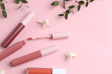 Different lip glosses, applicator, flowers and green leaves on pink background, flat lay. Space for...