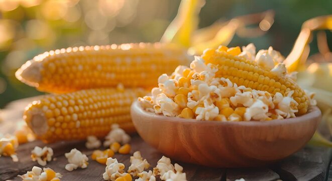 Corn on the cob beside a bowl of popcorn, movie night's precursor