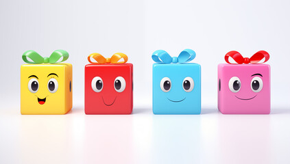 Group of gifts with funny smiling face from multi-colored boxes with ribbons bright gifts with bows isolated on white background