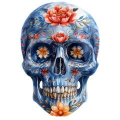 Watercolor illustration of Mexican skull decorated with flowers isolated