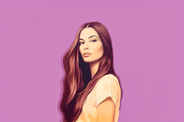 A woman with flowing long hair is depicted against a vibrant purple background