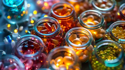 molecular connections between many jars of dietary supplements connected to each other , vivid colors