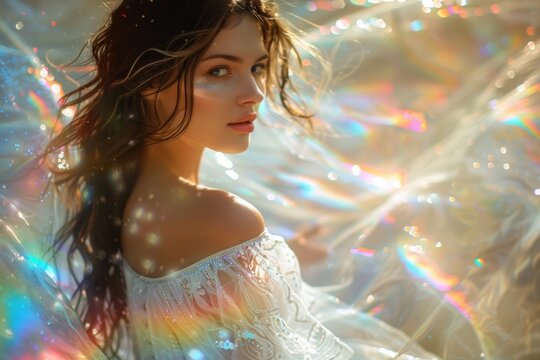 beautiful woman in holy dress costume under the shining of the cosmo and aura luminous rainbow ray light.