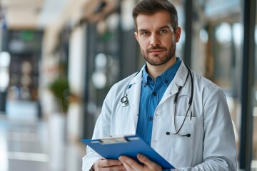 Doctor talks to his patient after a medical examination at the clinic. Young male physician shows a clipboard with the results of some medical tests they did and explains what this all, Generative AI